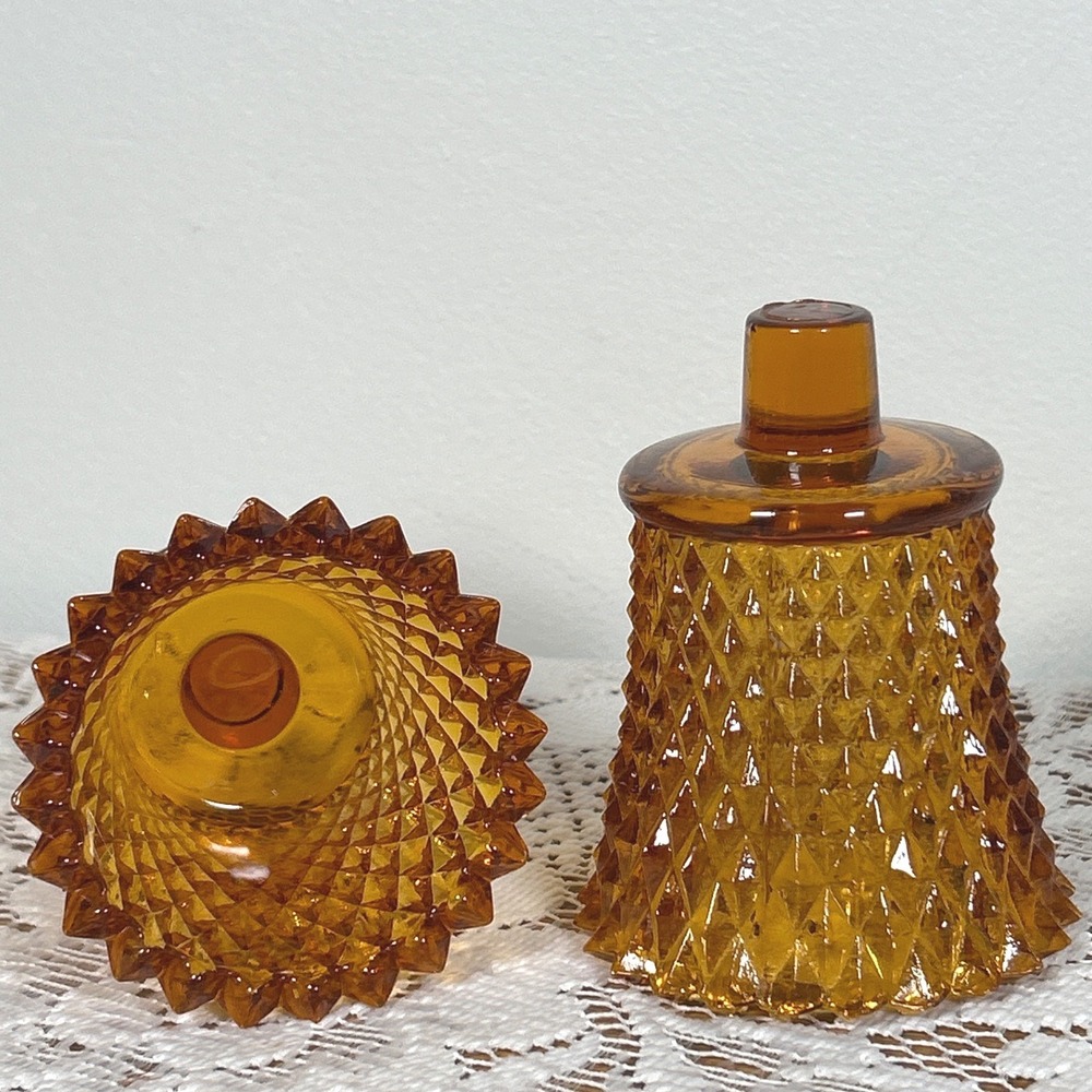 Vintage Amber Glass Diamond Point Peg Votive Candle Holders MCM Retro Set of 2 - Picture 5 of 5